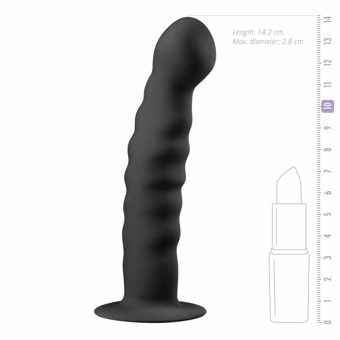 Easytoys silikoninis dildo su rievelėmis ir siurbtuku, juodas