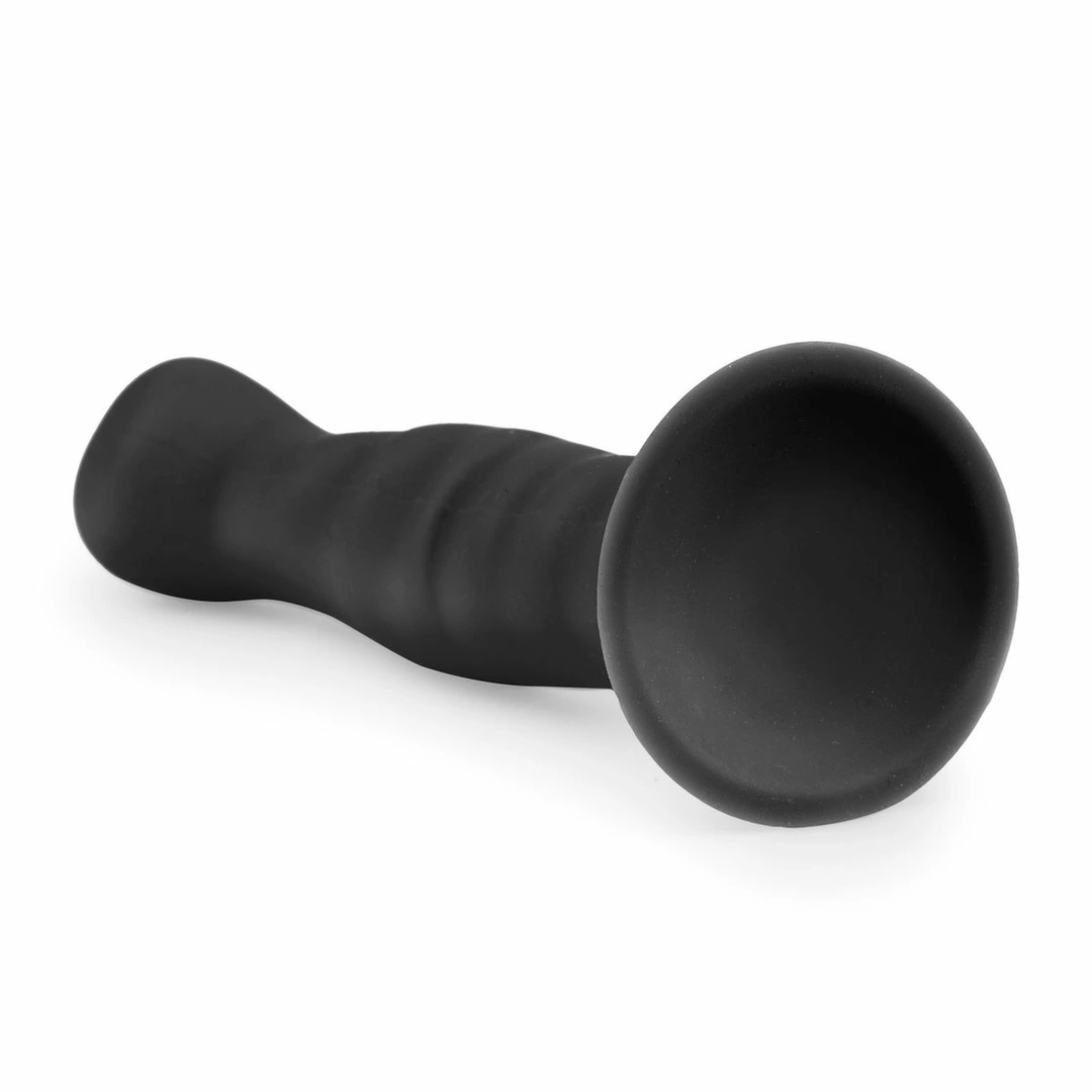Easytoys silikoninis dildo su rievelėmis ir siurbtuku, juodas