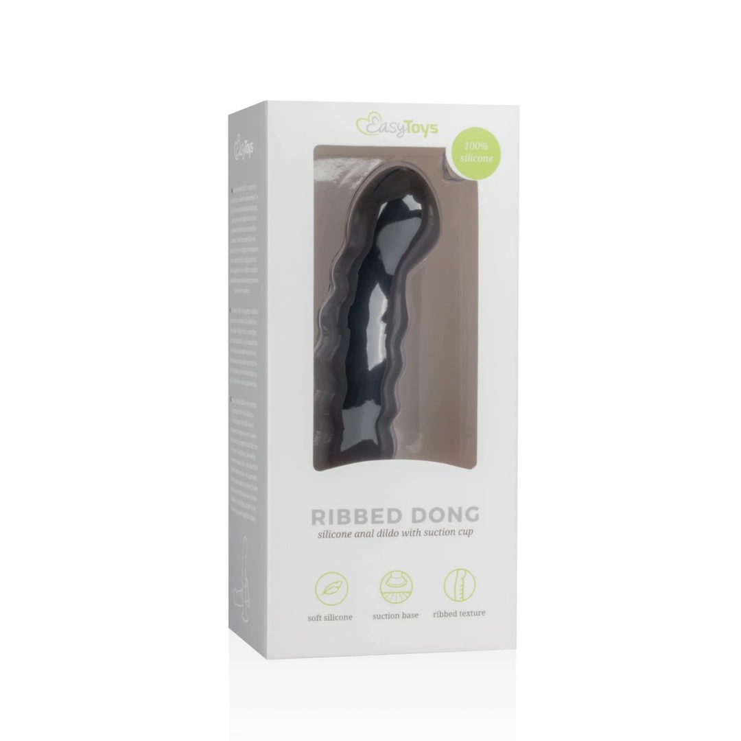 Easytoys silikoninis dildo su rievelėmis ir siurbtuku, juodas