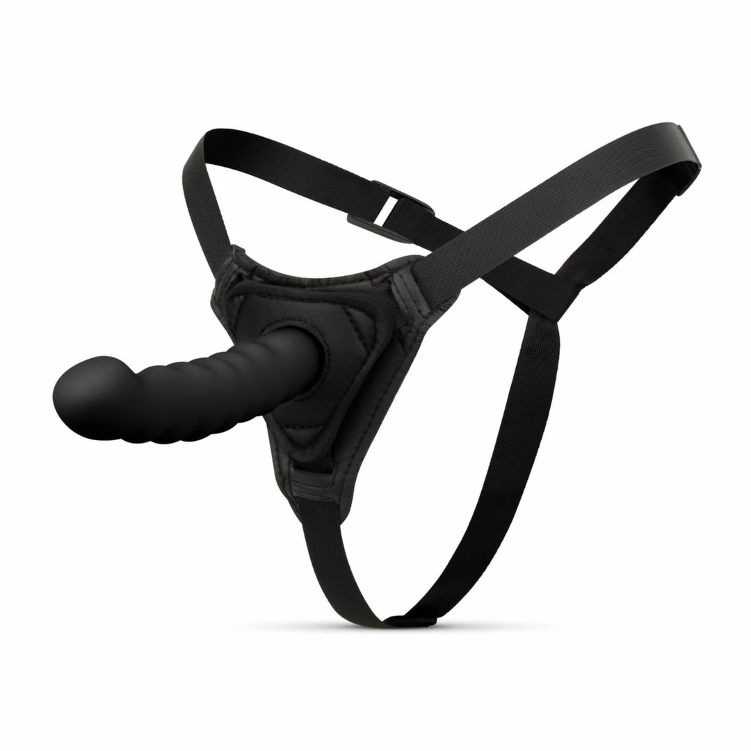 Easytoys strap-on su lenktu silikoniniu dildo ir reguliuojamais diržais, juodas