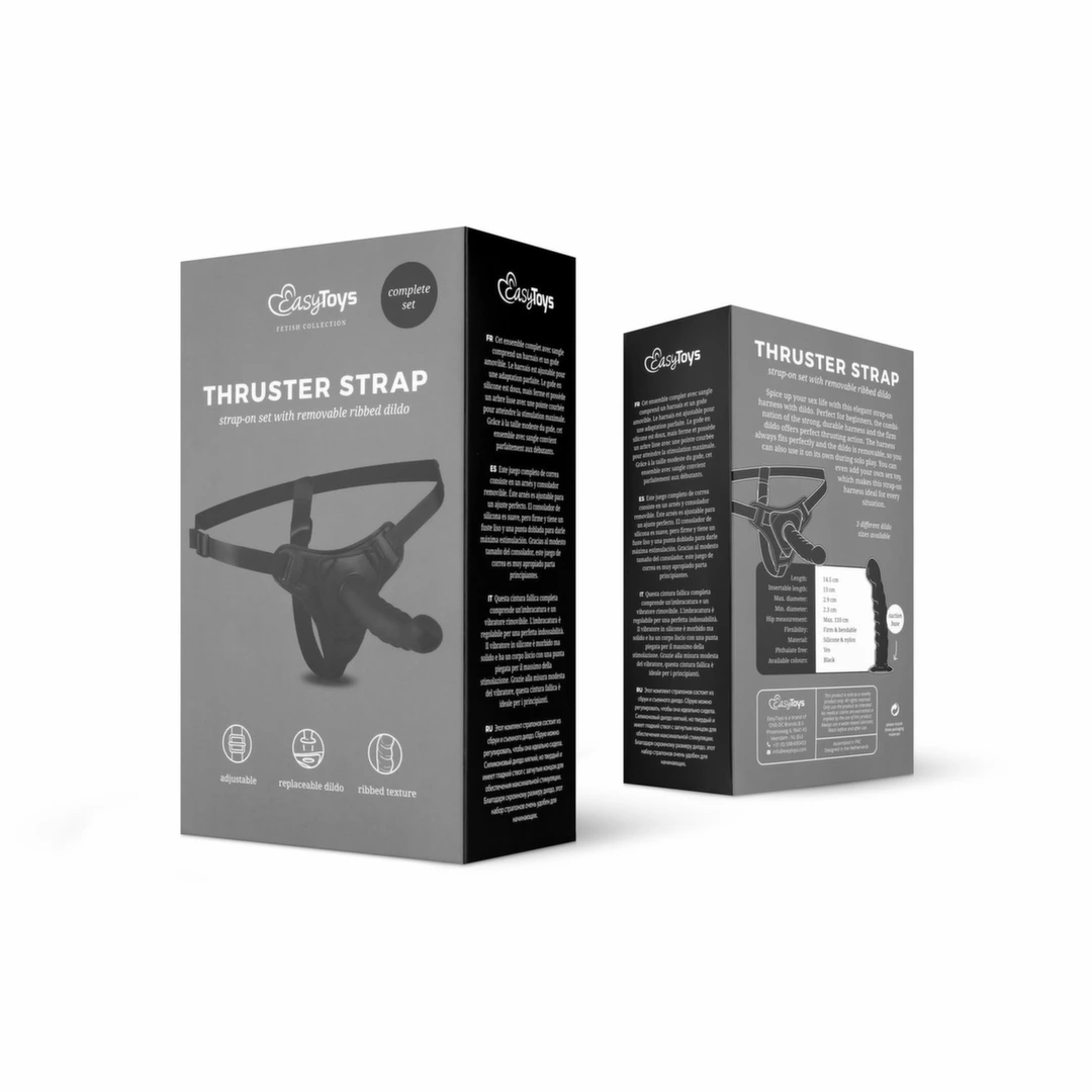 Easytoys strap-on su lenktu silikoniniu dildo ir reguliuojamais diržais, juodas