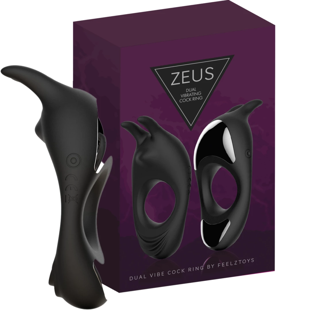 FeelzToys Zeus vibruojantis varpos žiedas su dviem varikliais, juodas