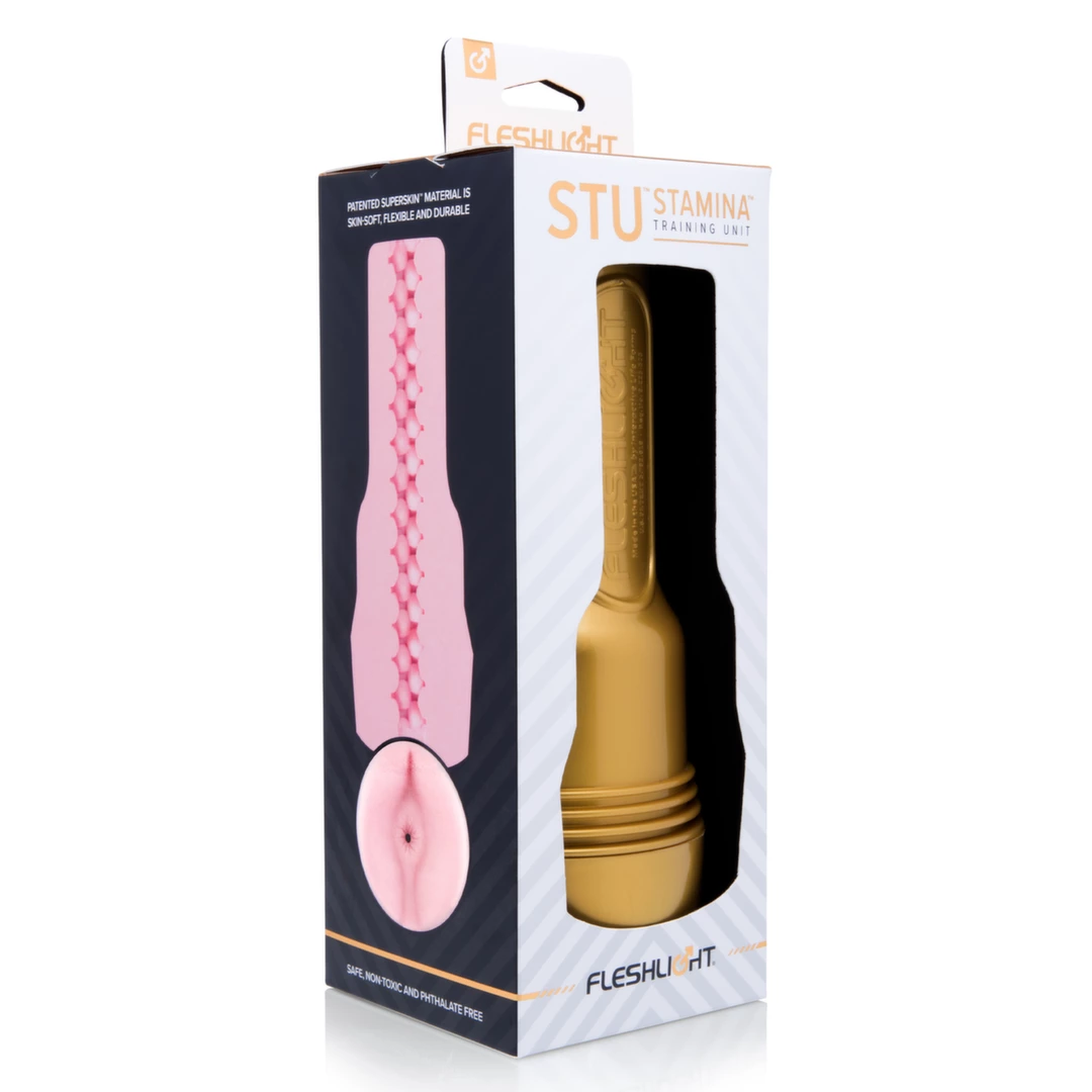 Fleshlight STU Butt masturbatorius su SuperSkin įdėklu, auksinis korpusas