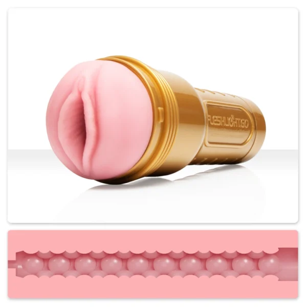 Fleshlight Go STU kompaktiškas masturbatorius su SuperSkin įdėklu, auksinis dėklas