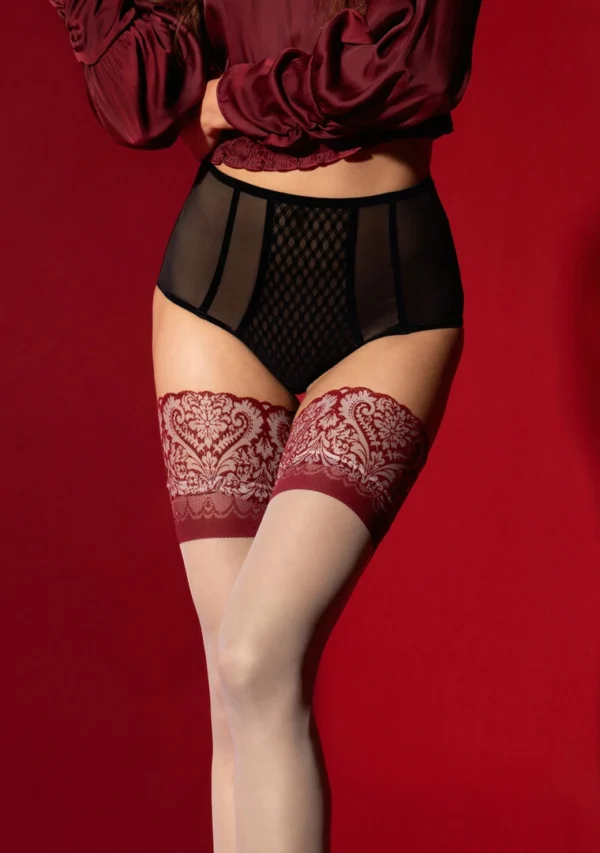 Fiore Hosiery Arabesque savaime besilaikančios kojinės 20 den su raudonais nėriniais