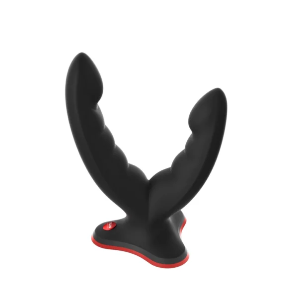 Fun Factory Ryde dvipusis silikoninis dildo su siurbtuku, juodas