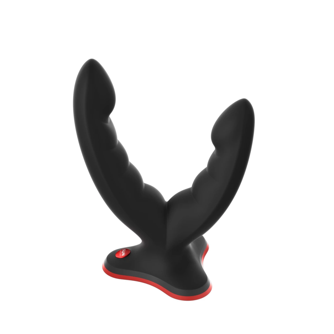 Fun Factory Ryde dvipusis silikoninis dildo su siurbtuku, juodas