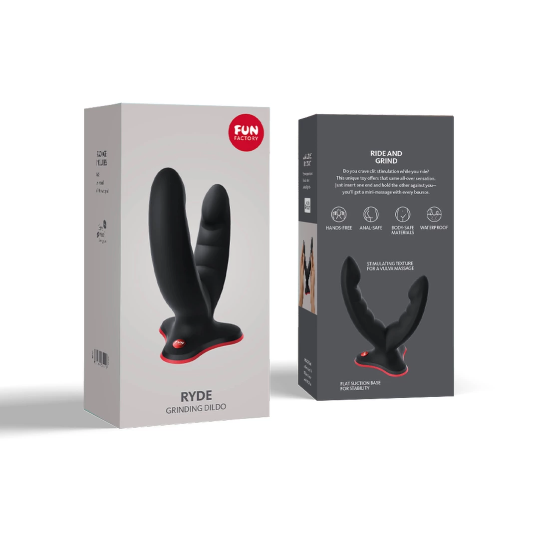 Fun Factory Ryde dvipusis silikoninis dildo su siurbtuku, juodas