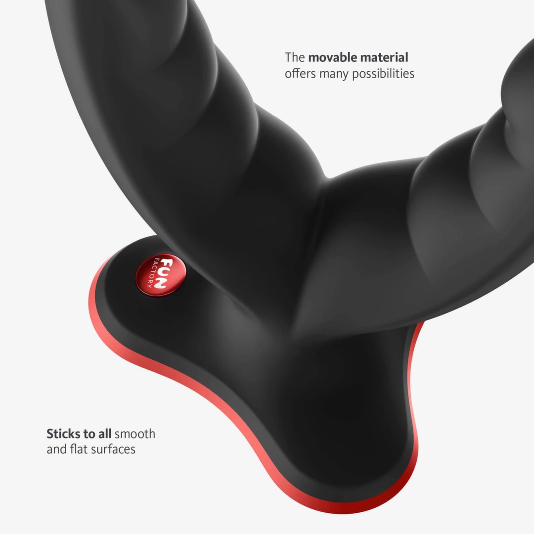 Fun Factory Ryde dvipusis silikoninis dildo su siurbtuku, juodas