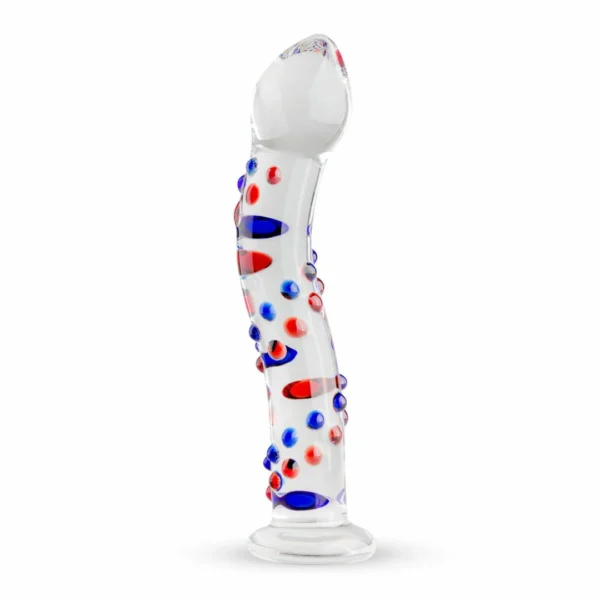Gildo No. 3 stiklinis dildo su mėlynais ir raudonais iškilimais, 19 cm