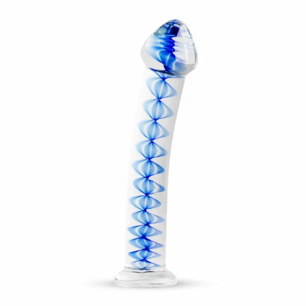Gildo No. 4 stiklinis dildo su mėlyna spirale, skaidrus