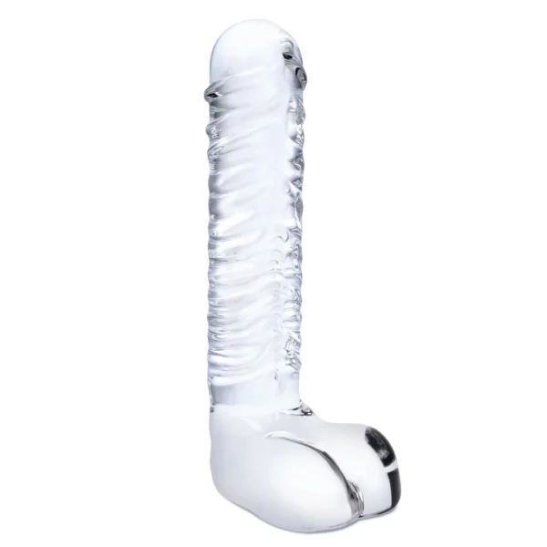 Glas Ribbed stiklinis dildo su rievelėmis, skaidrus, 20 cm