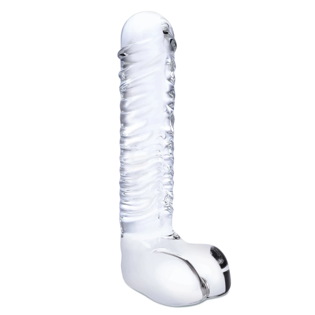 Glas Ribbed stiklinis dildo su rievelėmis, skaidrus, 20 cm