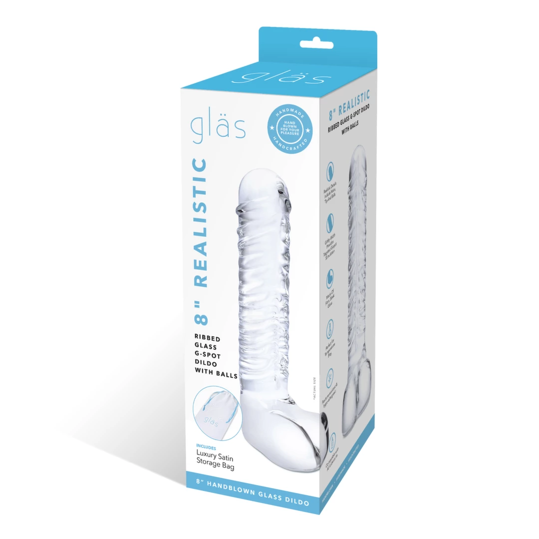 Glas Ribbed stiklinis dildo su rievelėmis, skaidrus, 20 cm