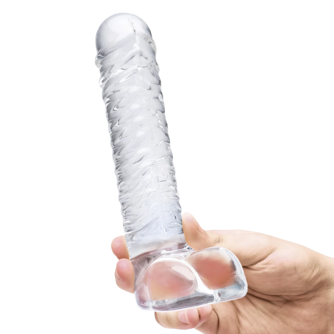 Glas Ribbed stiklinis dildo su rievelėmis, skaidrus, 20 cm