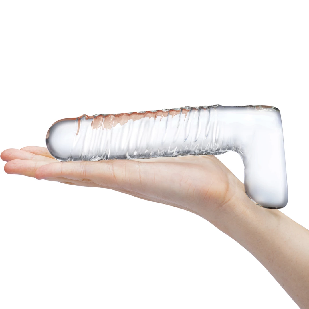 Glas Ribbed stiklinis dildo su rievelėmis, skaidrus, 20 cm