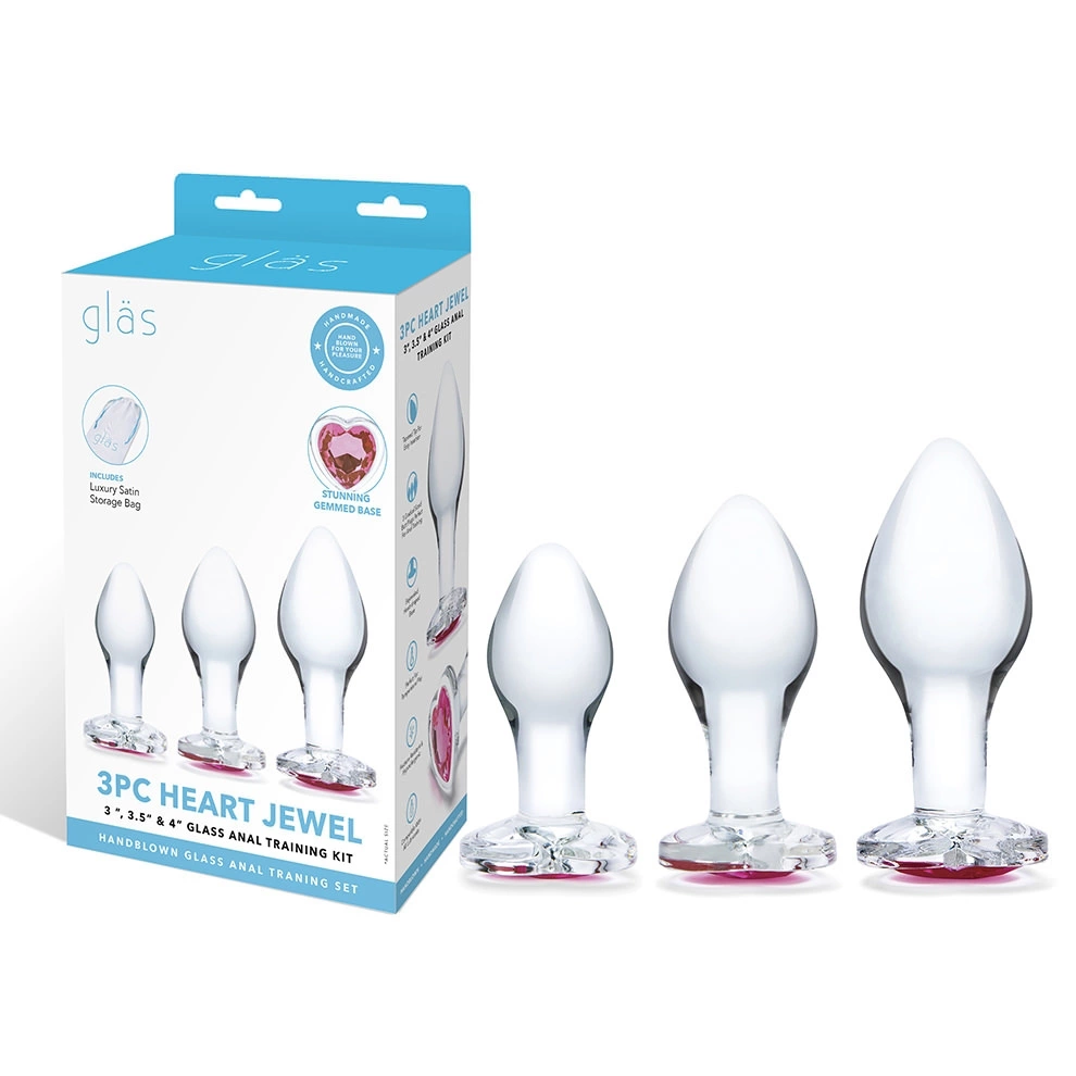 Glas Heart Jewel stiklinių analinių kaiščių rinkinys su širdelėmis, 3 vnt.