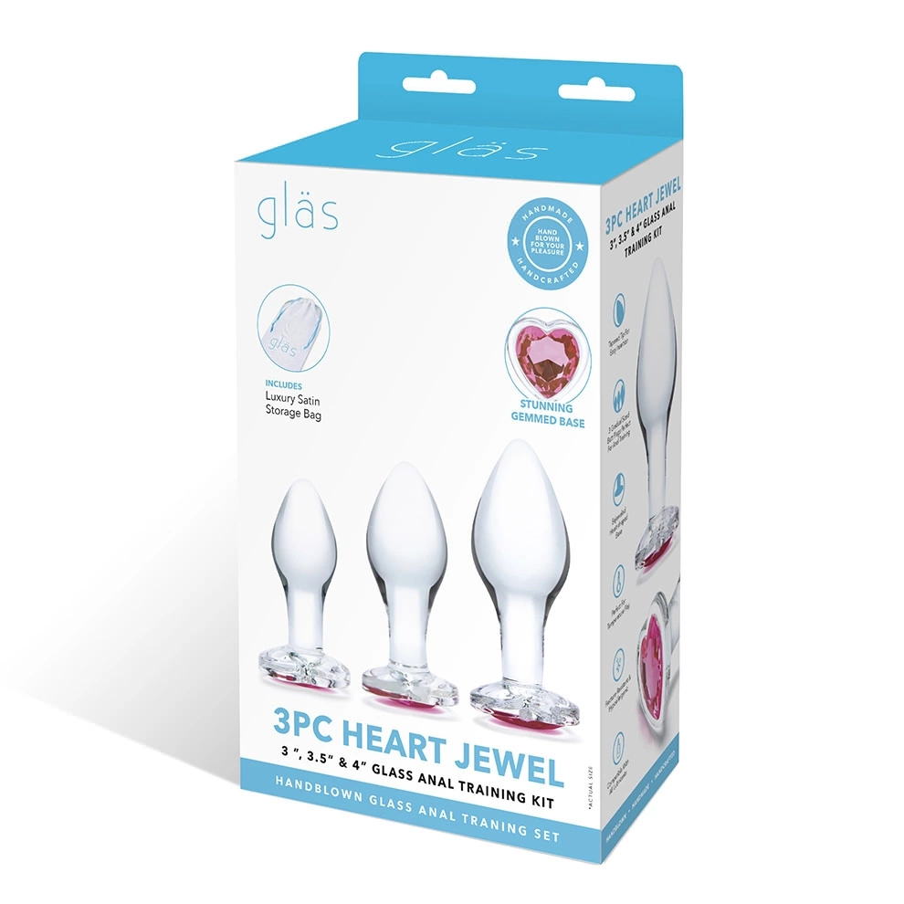 Glas Heart Jewel stiklinių analinių kaiščių rinkinys su širdelėmis, 3 vnt.