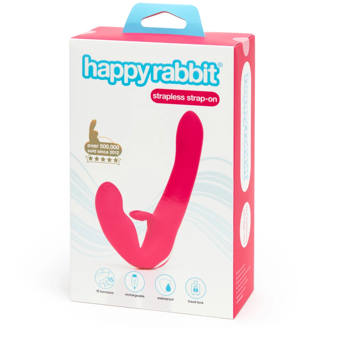 Happy Rabbit vibruojantis strap-on be diržų, 15 režimų, rožinis