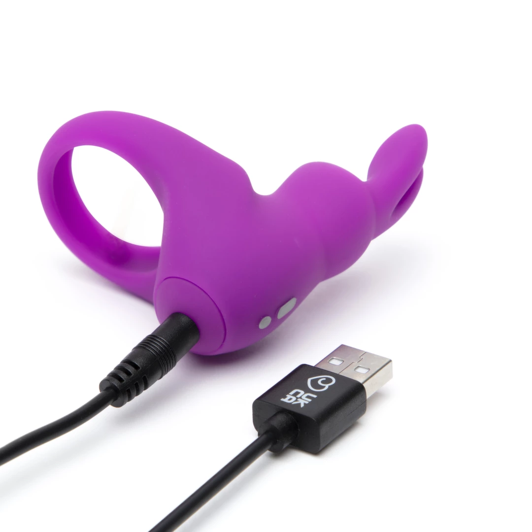 Happy Rabbit vibruojantis varpos žiedas su dėklu, įkraunamas per USB, violetinis