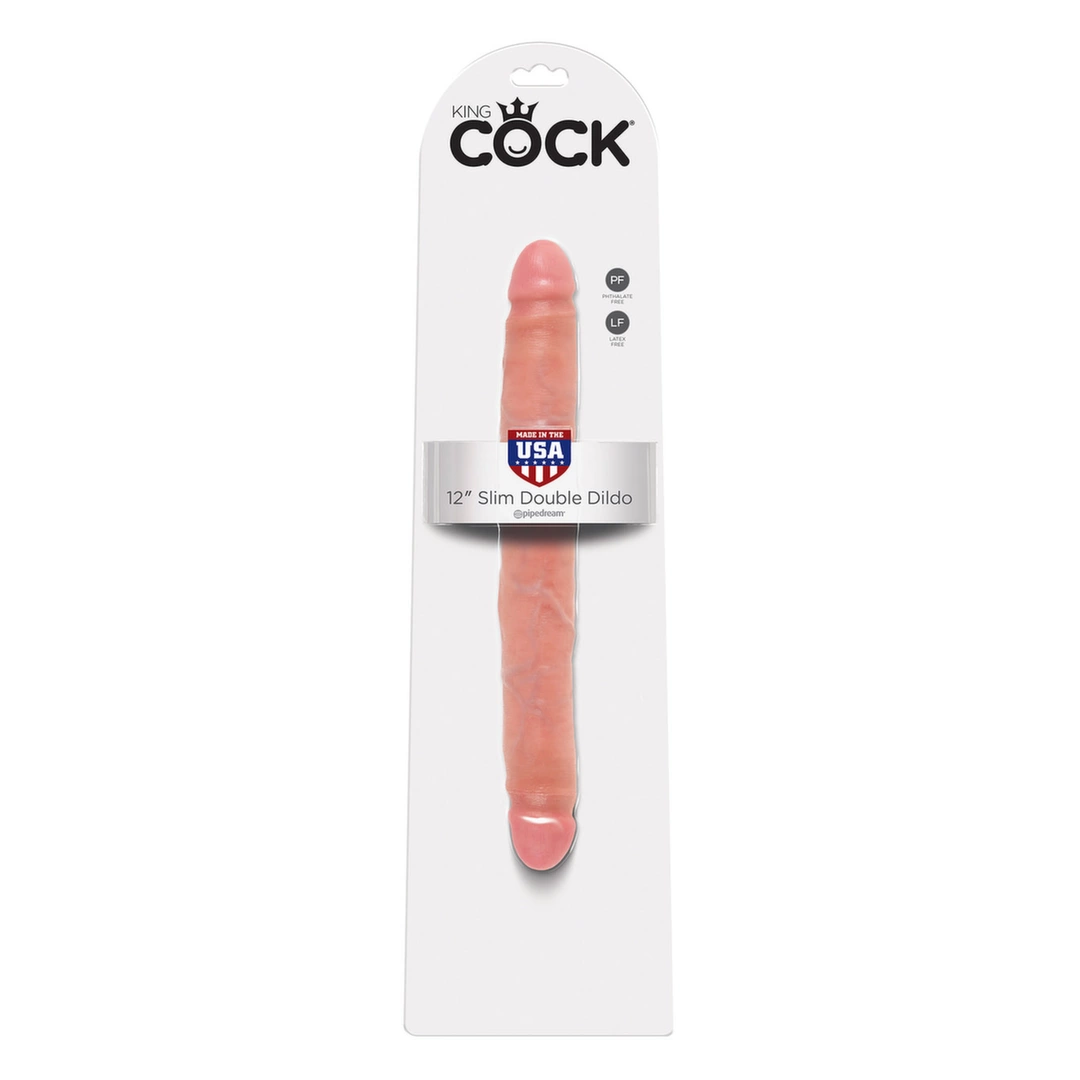 King Cock 12 colių plonas dvipusis dildo, kūno spalvos