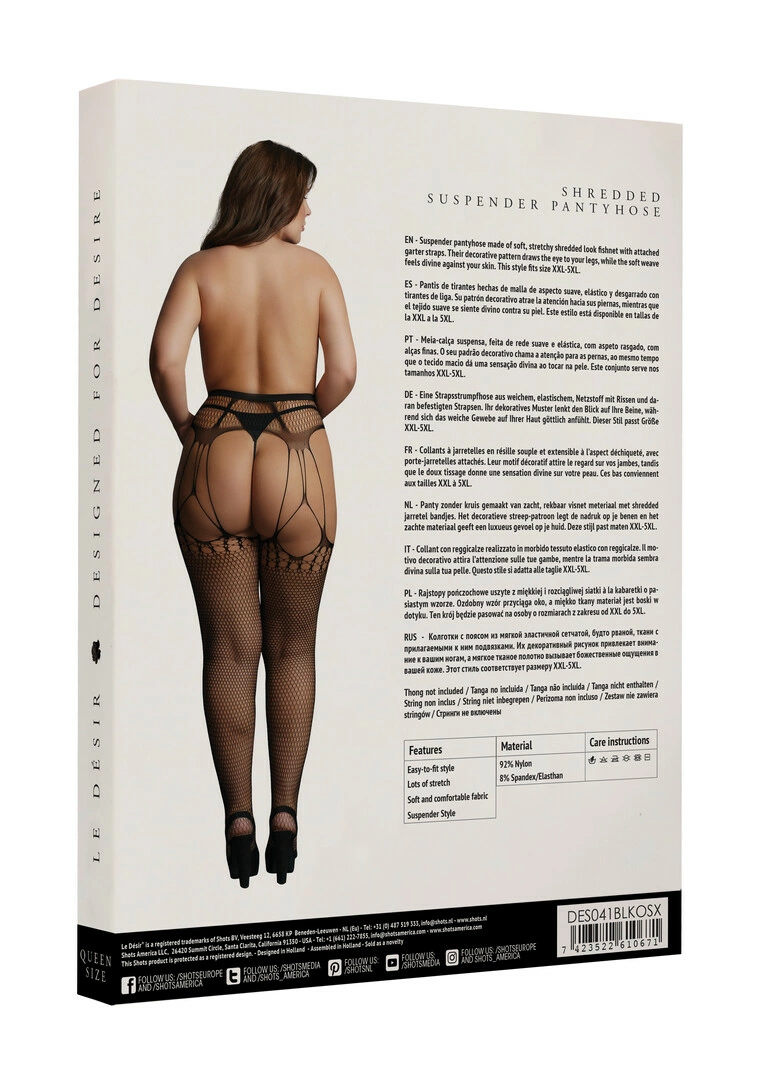 Le Désir by Shots Plus Size tinklinės pėdkelnės su kojinių laikiklių dirželiais, juodos