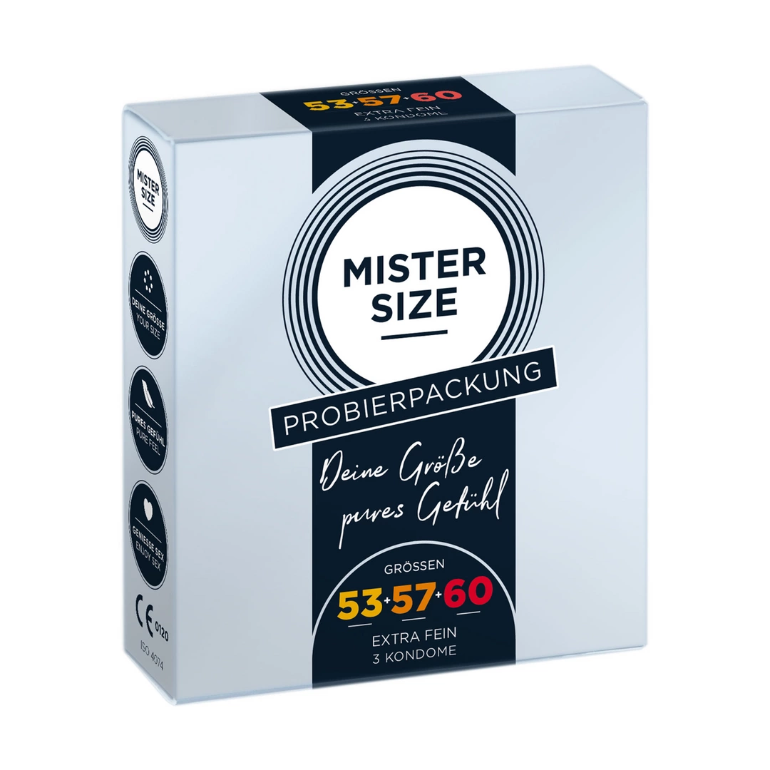 Mister Size Pure Feel bandomasis prezervatyvų rinkinys, 53, 57 ir 60 mm, 3 vnt.