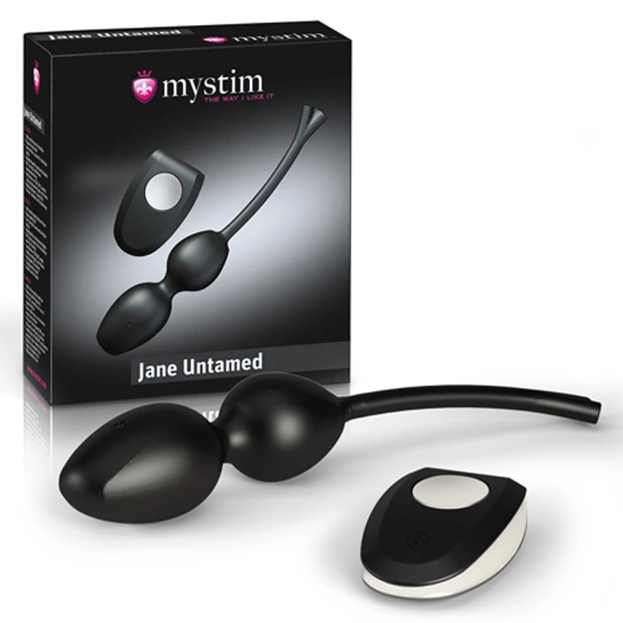 Mystim Jane Untamed Kėgelio kamuoliukai su vibracija ir elektrostimuliacija, juodi