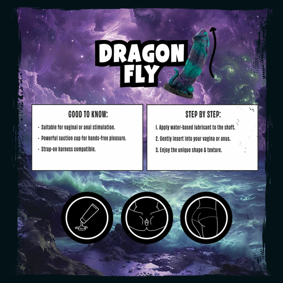 Mythical Mates Dragonfly silikoninis dildo su siurbtuku, violetinis ir žalias