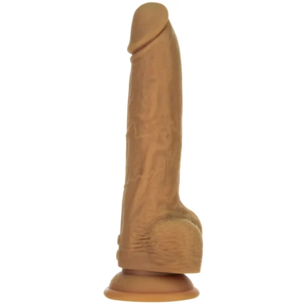 Naked Addiction dildo su stūmimo judesiu, pulteliu ir siurbtuku, karamelinis