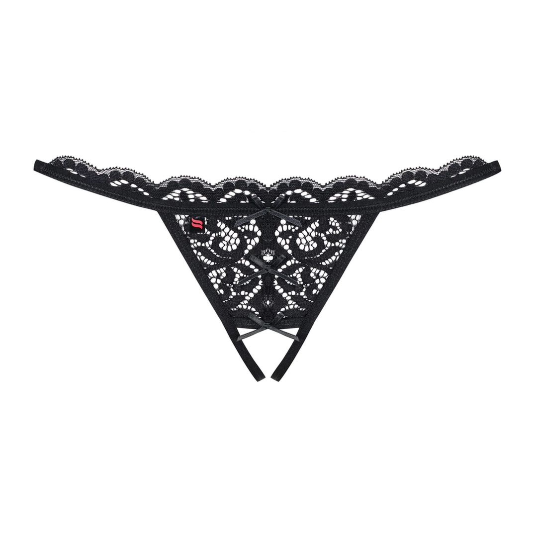 Obsessive 831 nėriniuoti stringai su atviru tarpkojiu ir kaspinėliais, juodi, S/M