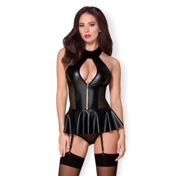 Obsessive 859 korsetas su suvarstymu ir stringai, juodi, L/XL