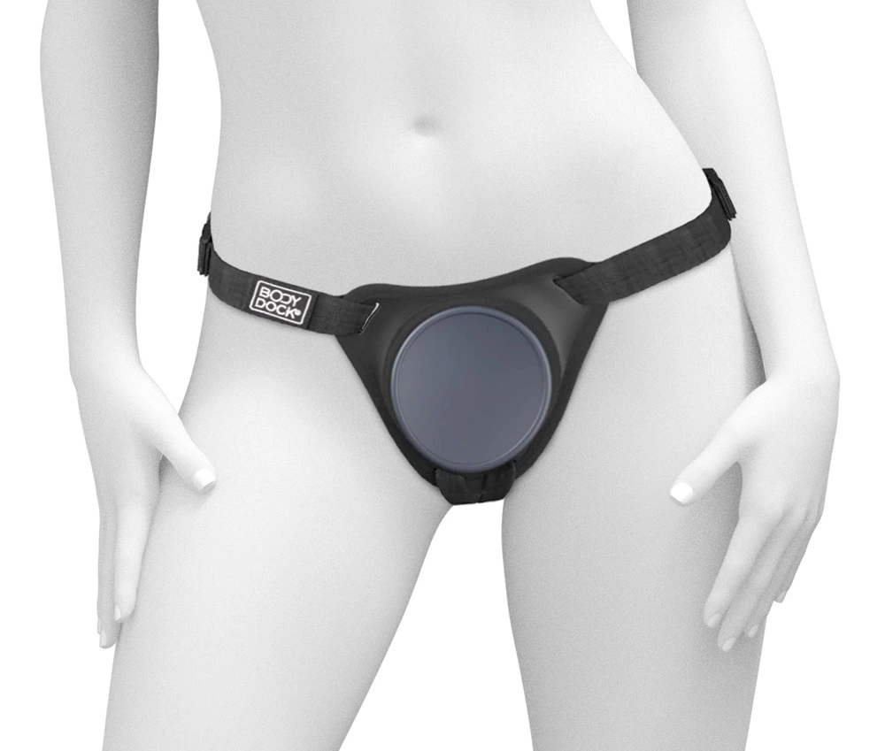 Body Dock Elite strap-on diržai su silikonine jungiamąja plokštele, juodi