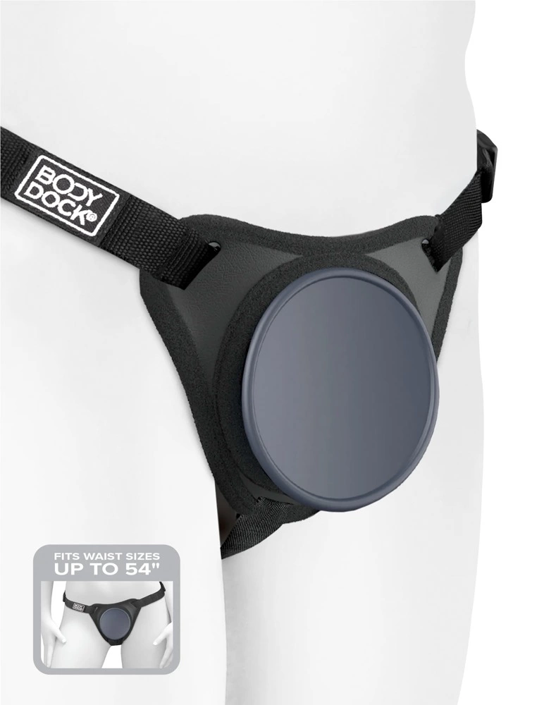 Body Dock Elite strap-on diržai su silikonine jungiamąja plokštele, juodi