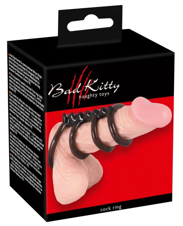 Bad Kitty 4 sujungtų varpos žiedų rinkinys iš TPE, dūminės juodos spalvos