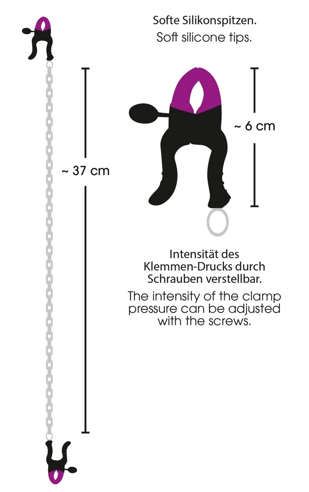 Bad Kitty reguliuojami spenelių spaustukai su grandinėle, 52 cm