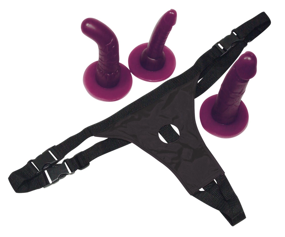 Bad Kitty strap-on rinkinys su 3 keičiamais antgaliais, violetinis
