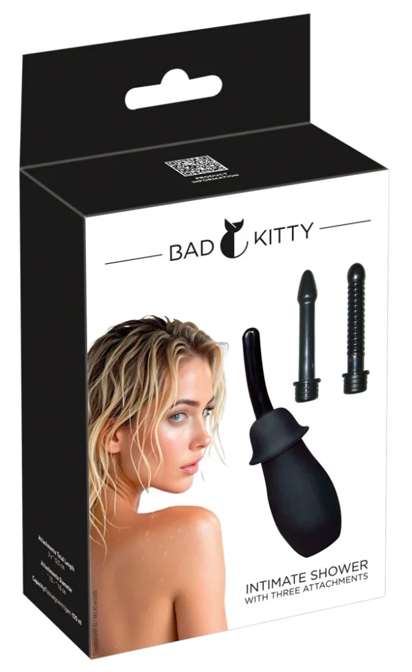 Bad Kitty intymaus dušo rinkinys su 3 antgaliais, 100 ml, juodas