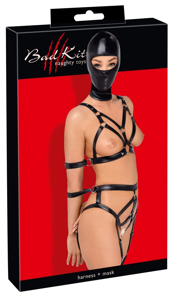 Bad Kitty diržų komplektas su galvos kauke ir stringais, juodas, XS