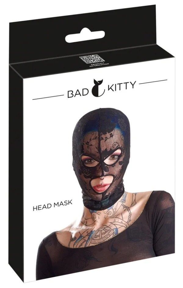 Bad Kitty nėriniuota galvos kaukė su angomis akims ir burnai, juoda