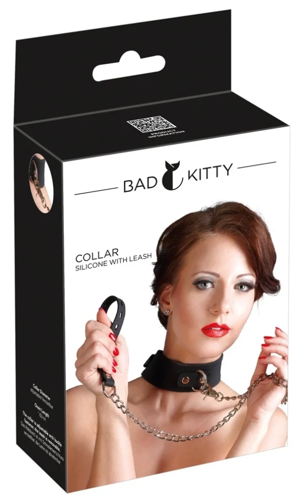 Bad Kitty silikoninis antkaklis su metaliniu pavadėliu, juodas