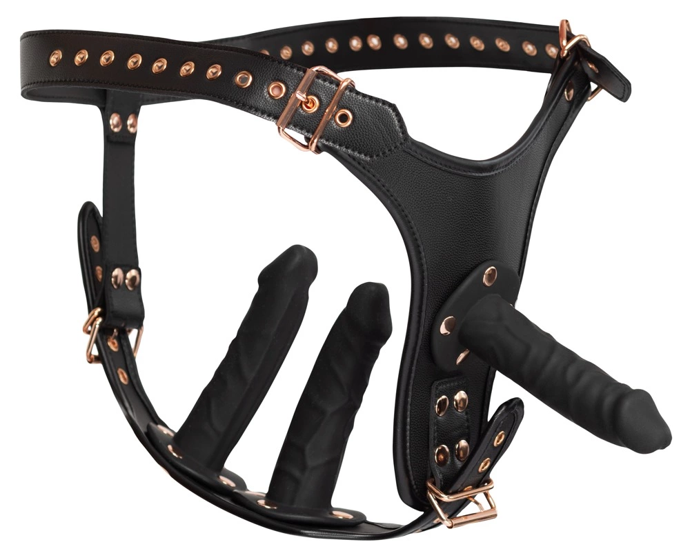 Bad Kitty 3D strap-on diržai su trimis silikoniniais dildo, juodi, S/M