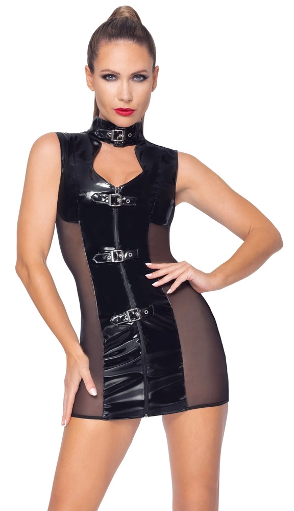Black Level vinilinė mini suknelė su tinkliniais šonais ir sagtimis, juoda, S