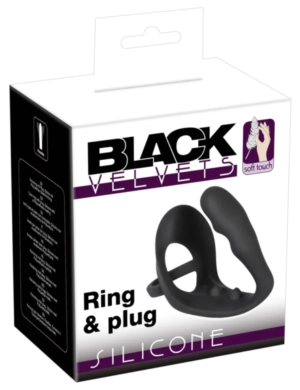 Black Velvets silikoninis varpos žiedas su analiniu kaiščiu ir tarpvietės tilteliu, juodas