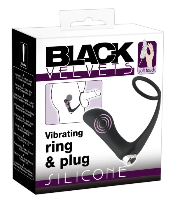 Black Velvets vibruojantis analinis kaištis su varpos žiedu, įkraunamas per USB, juodas