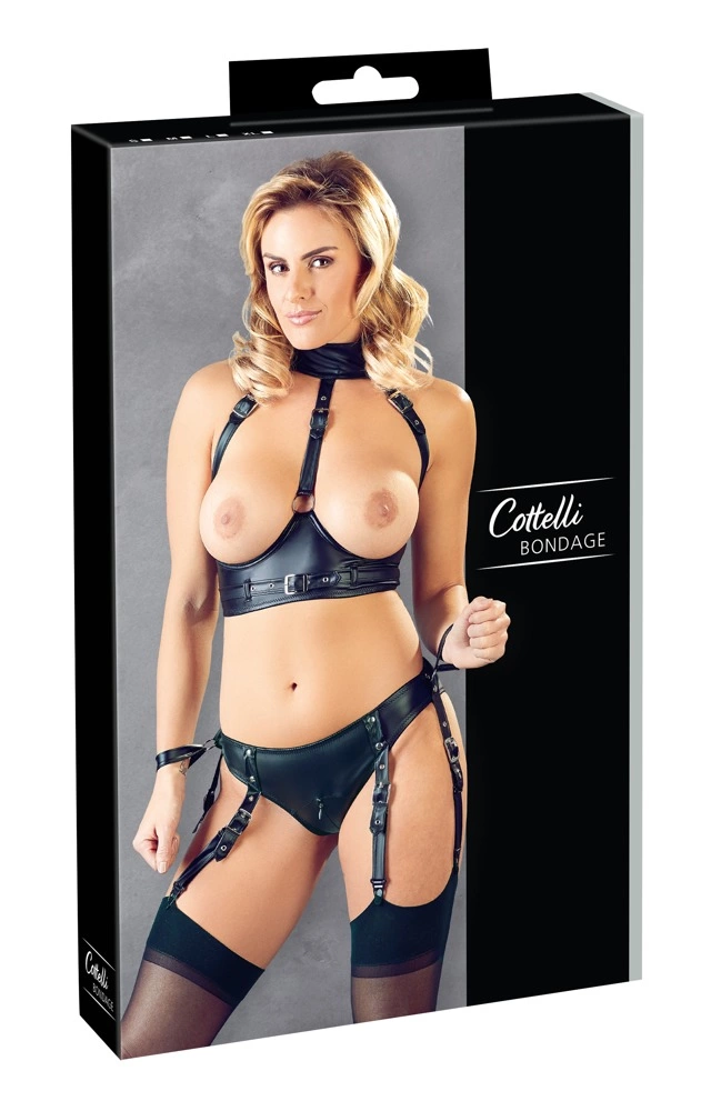 Cottelli Bondage atviras komplektas su kojinių laikikliais ir užtrauktuku, juodas, S