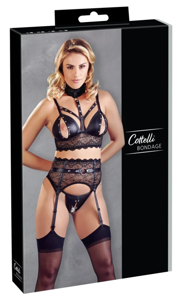 Cottelli Collection Bondage nėriniuotas komplektas su nuimamais antrankiais, juodas, S