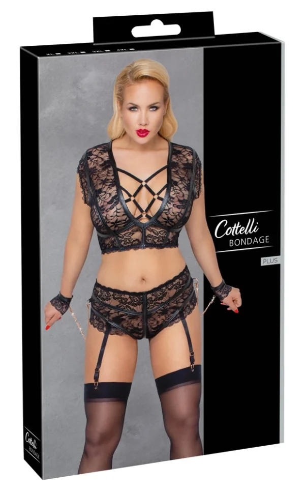 Cottelli Bondage nėriniuotas komplektas su antrankiais, 4XL, juodas