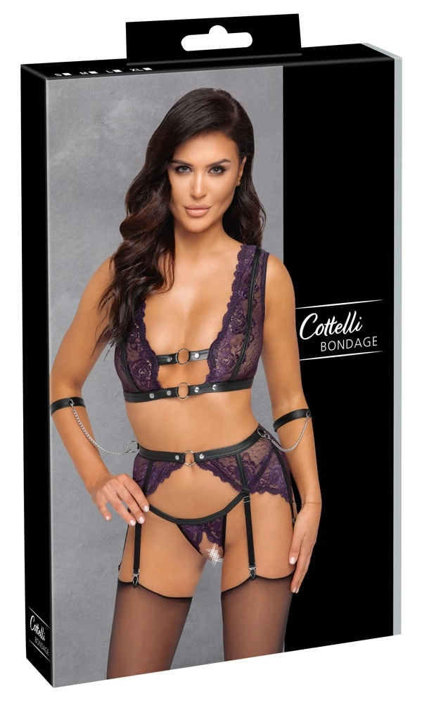 Cottelli Collection Bondage komplektas su nėriniais ir manžetais, violetinis, L