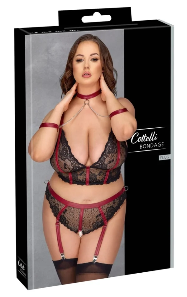 Cottelli Bondage Plus nėrinių komplektas su manžetais ir antkakliu, juodas ir raudonas, XL
